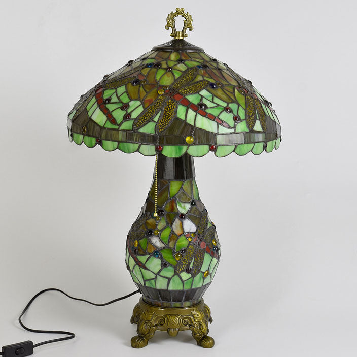 European Tiffany Green Dragonfly Oval Base 3-Light Tischlampe 