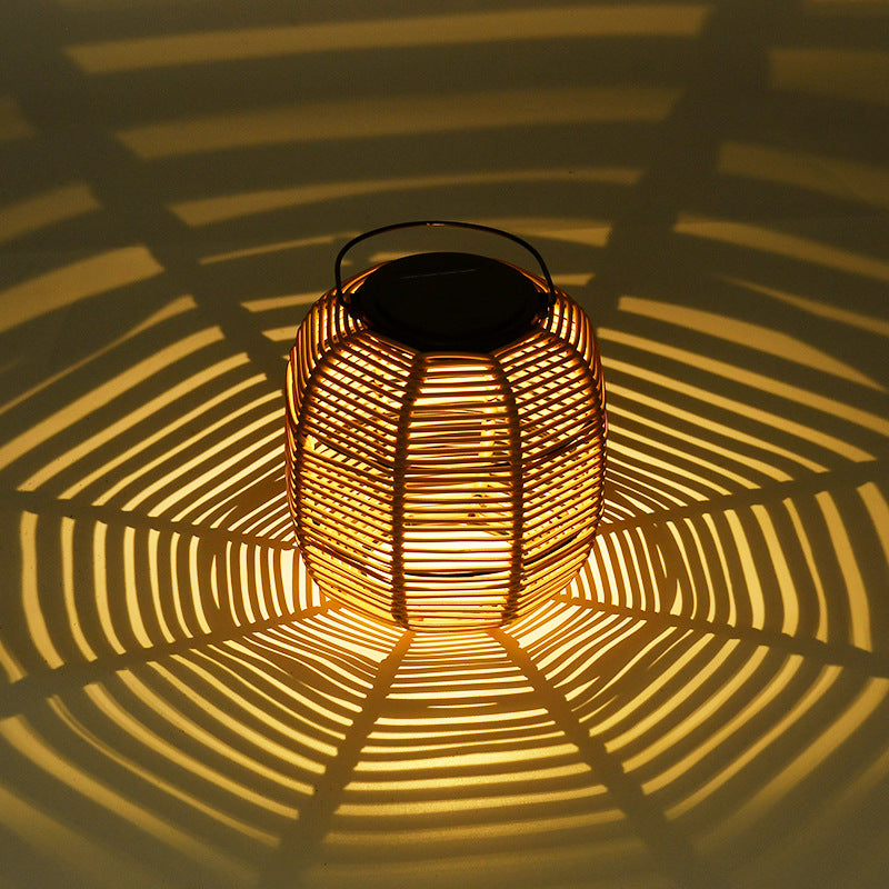 Lampe de table de jardin à LED étanche avec cylindre de tissage en rotin extérieur solaire 