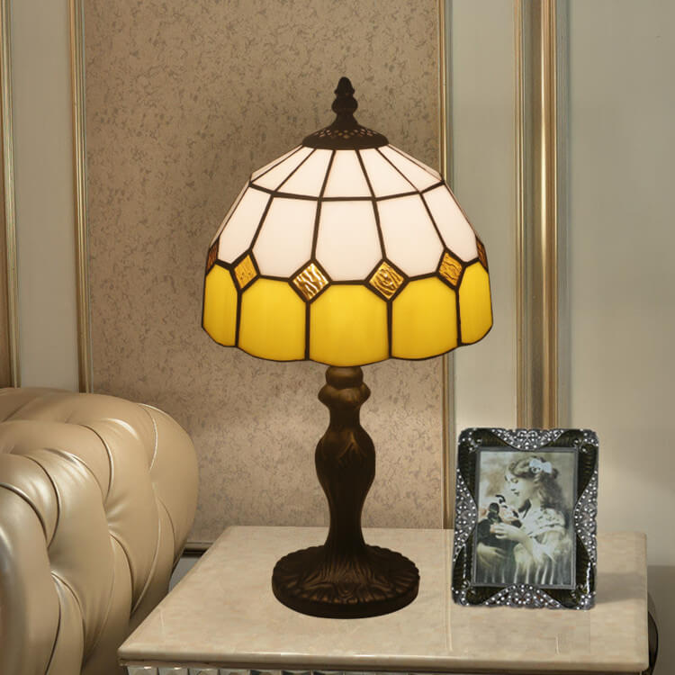 Vintage Tiffany Gemstone Stained Glass Round 1-Light Table Lamp