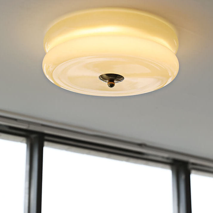 French Minimalist Cream Glass Round LED Flush Mount Ceiling Light