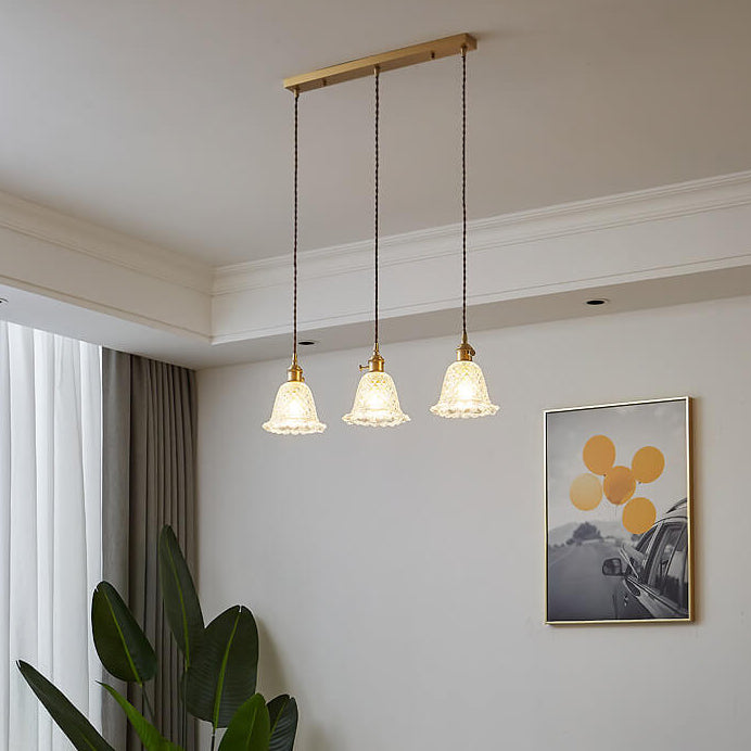Contemporary Nordic Textured Copper Glass Flowers 1/3 Light Island Light Chandelier For Living Room