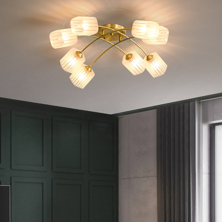 Traditionelle japanische mattierte quadratische Glas-Kupfer 6/8-Light Semi-Flush-Mount-Deckenleuchte für das Wohnzimmer 