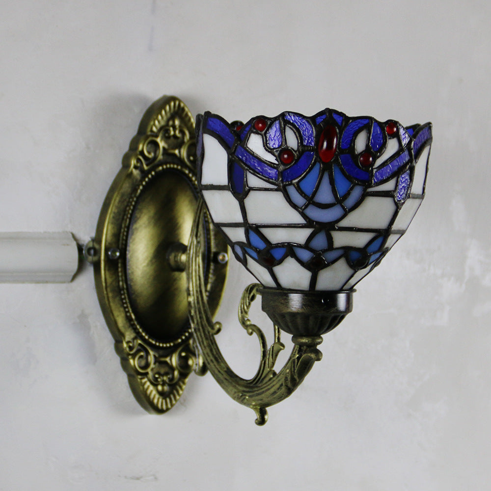 Traditional Tiffany Baroque Stained Glass Iron Round Bowl 1-Light Wall Sconce Lamp for Living Room