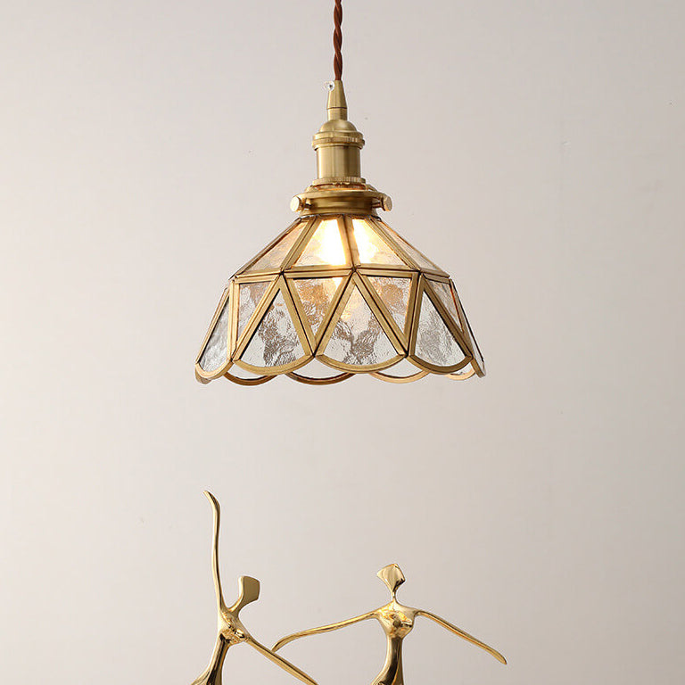 Contemporary Nordic Water Pattern Glass Copper Geometric Cone Brass 1-Light Pendant Light For Living Room