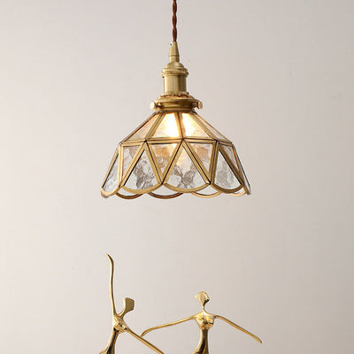 Nordic Vintage Water Pattern Glass Geometric Cone Brass 1-Light Pendant Light
