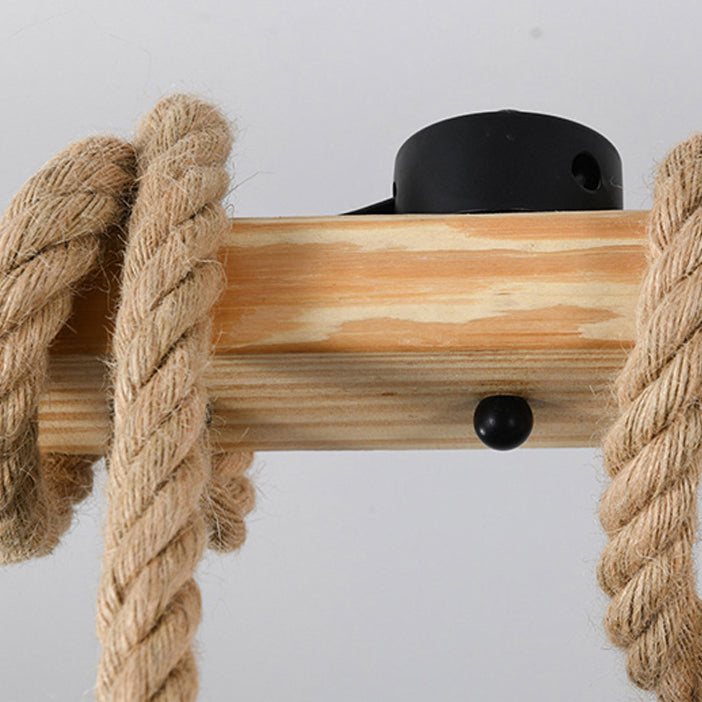 Lámpara de araña para isla de 3/5 luces estilo industrial contemporáneo con cuerda de cáñamo, bloques de madera, hierro y diseño de farol de cordel para salón 