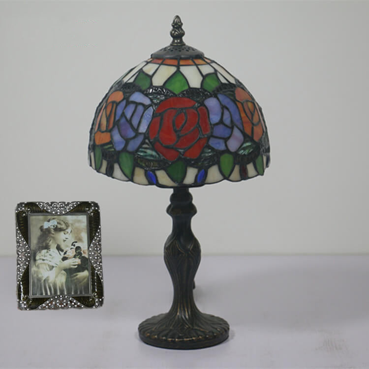 Retro Tiffany Flowering Rose Stained Glass 1-Light Table Lamp