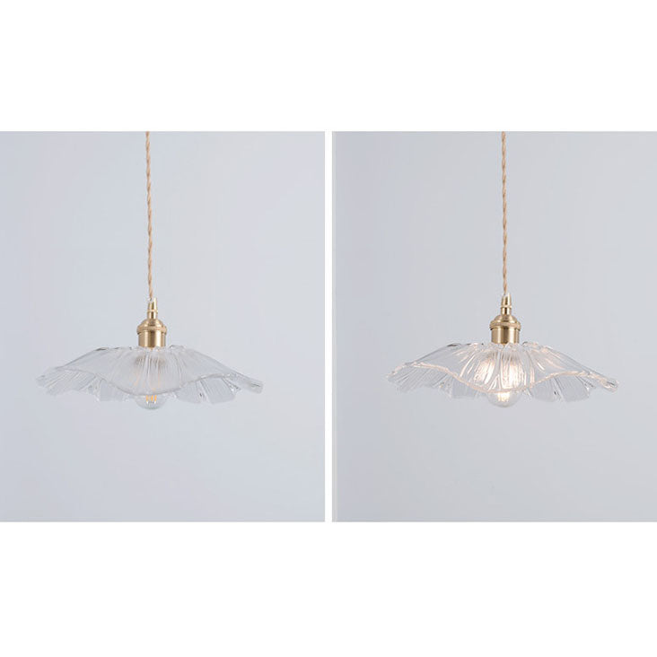 Traditional Vintage Clear Glass Flower Shape Brass 1-Light Pendant Light For Living Room