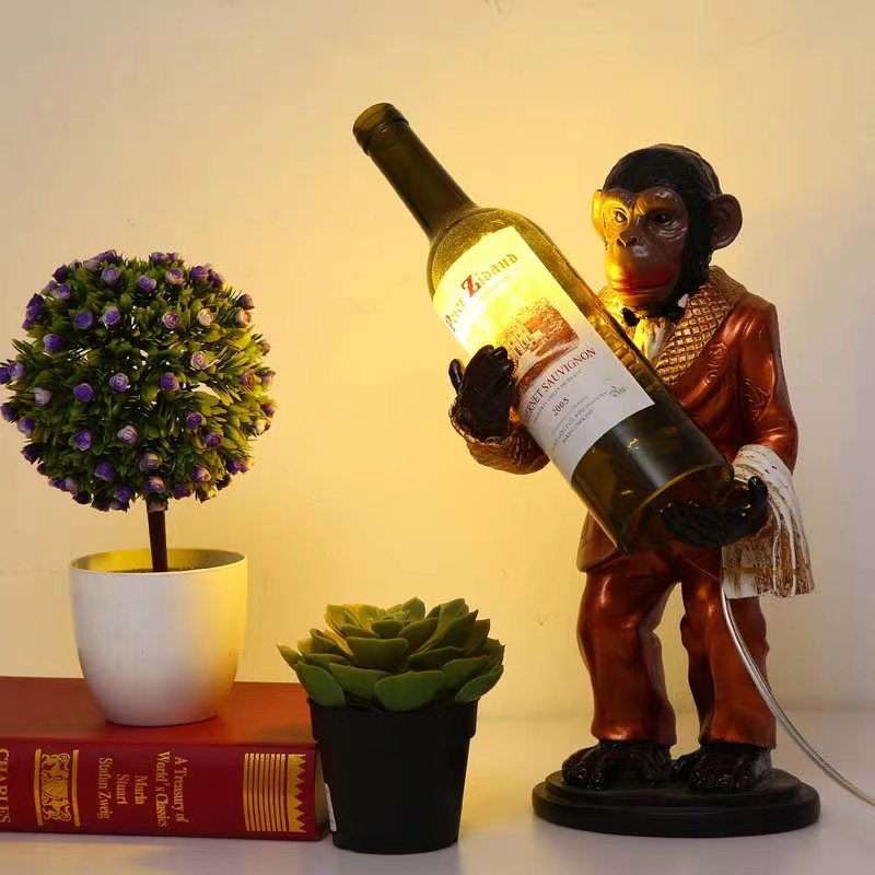 Contemporary Creative Orangutan Wine Bottle Glass Resin 1-Light Table Lamp For Living Room