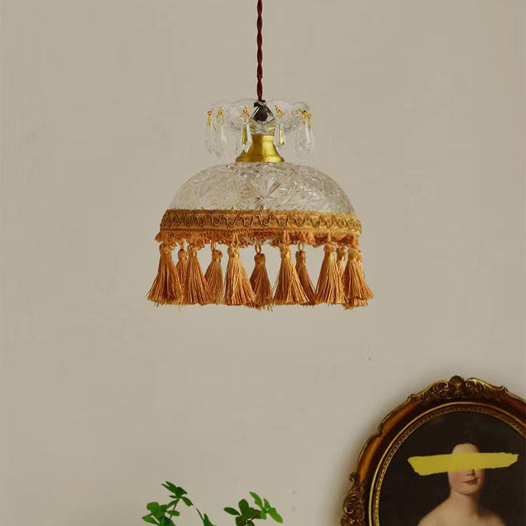 Lámpara colgante tradicional francesa de 1 luz con pantalla abombada de cobre, vidrio y borla para salón 