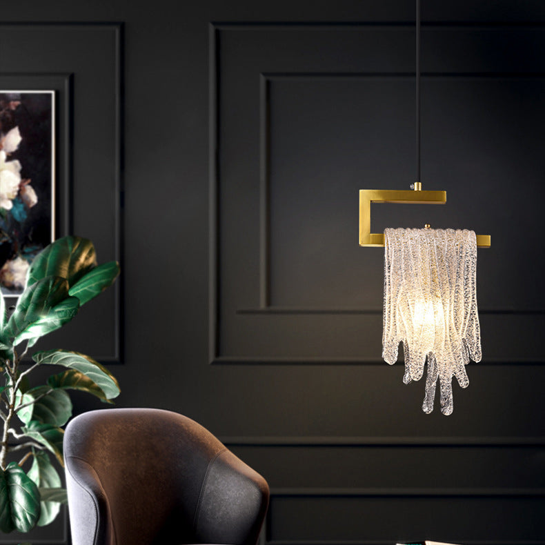 Contemporary Creative Imitation Ice Hanging Glass Tassel Design Brass Frame 1-Light Pendant Light For Living Room