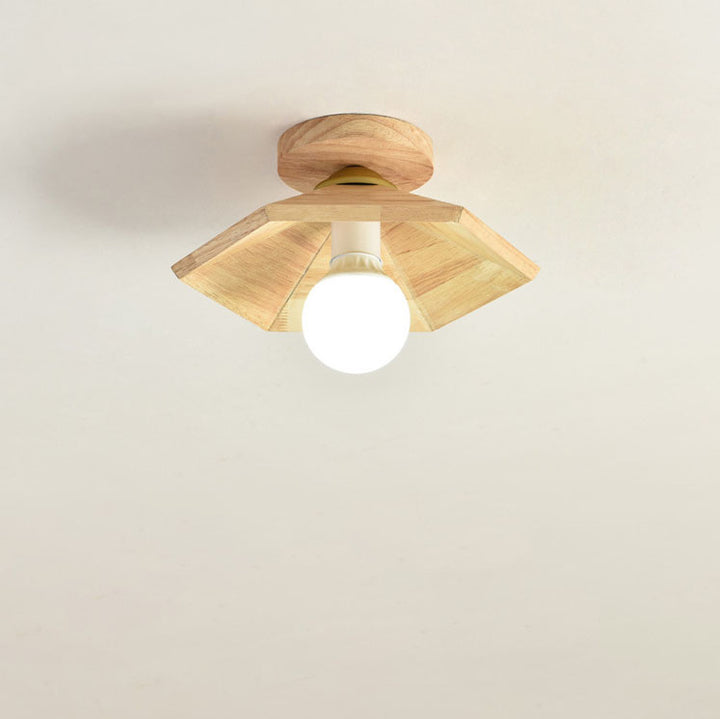 Traditional Japanese Oak Geometric Cone 1-Light Semi Flush Mount Ceiling Light For Living Room