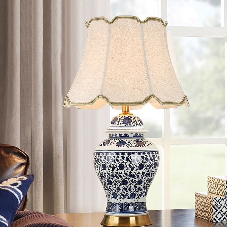 Traditional Chinese Vase Base Trapezoidal Ceramic Fabric 1-Light Table Lamp For Bedroom