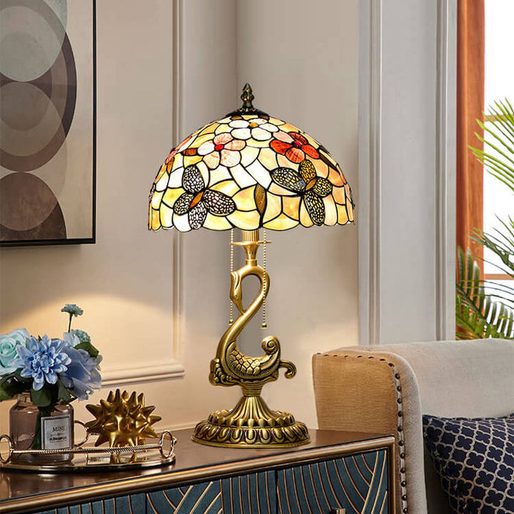 Lámpara de Mesa Tiffany Vintage de Vidrio con Motivo Floral y Cisne de 2 Luces 