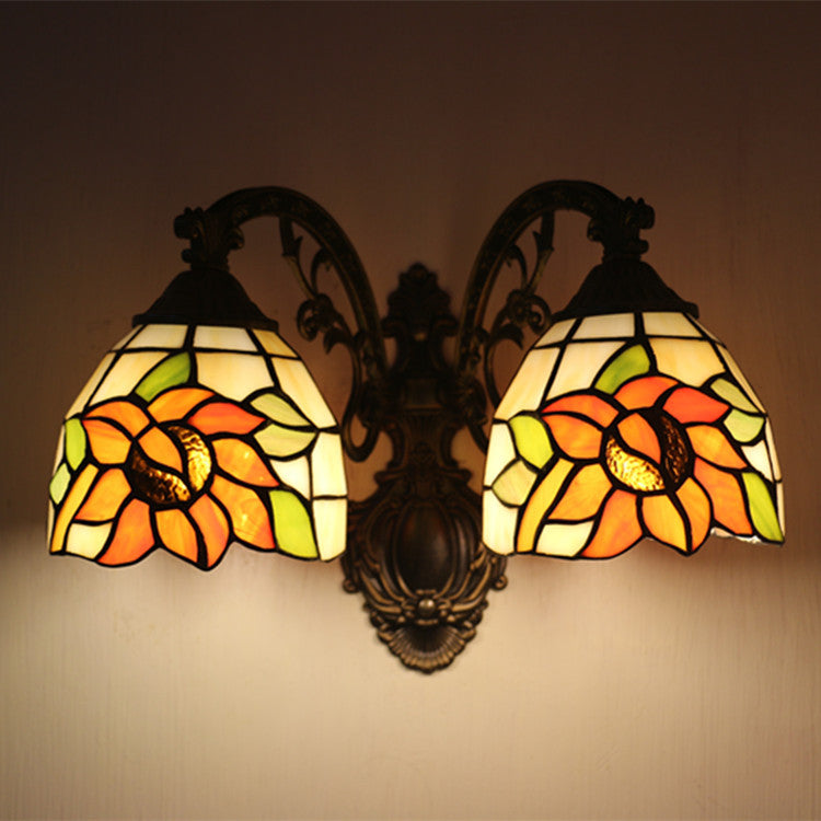 Vintage Tiffany Dome Stained Glass 2-Light Wall Sconce Lamp