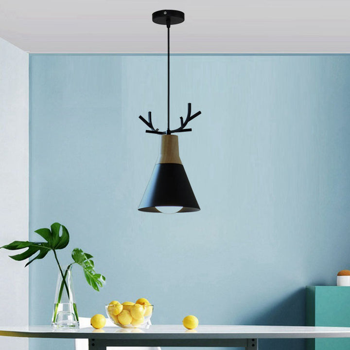 Modern Minimalist Antler Wood Iron Cone 1-Light Pendant Light For Living Room