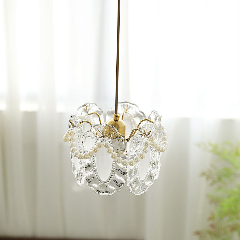 Traditional French Feather Pearl Petal Hardware Glass 1-Light Pendant Light For Bedroom