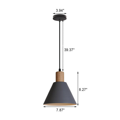 Nordic Vintage Iron Cone Wood Top 1-Light Pendant Light