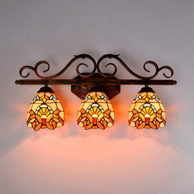European Vintage Tiffany Stained Glass Iron 3-Light Mirror Front Light Wall Sconce Lamp