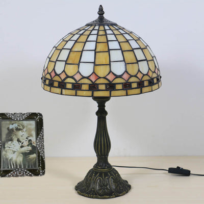 European Tiffany Yellow Plaid Stained Glass Dome 1-Light Table Lamp