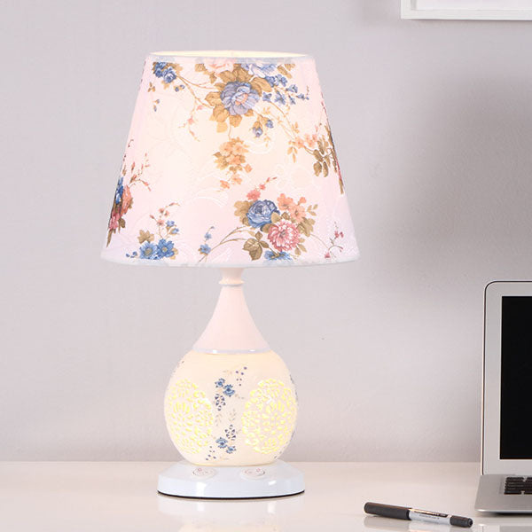 Traditional Chinese Ceramic Fabric Floral Cone 1-Light Table Lamp For Living Room &amp; Bedroom