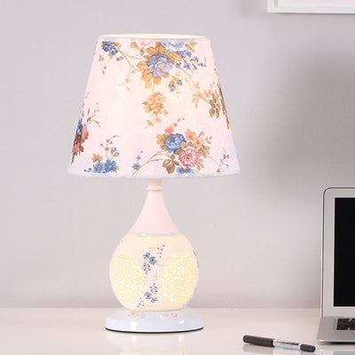 Chinese Minimalist Ceramic Floral Fabric Cone 1-Light Table Lamp