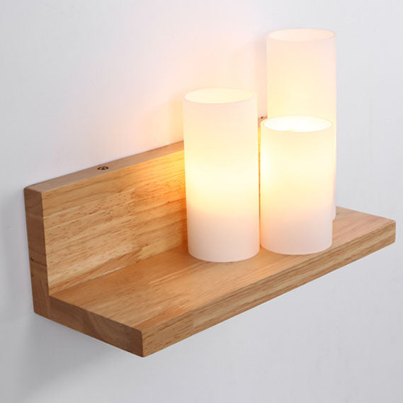 Japanese Minimalist Cylindrical Wooden Glass 1-Light Wall Sconce Lamp