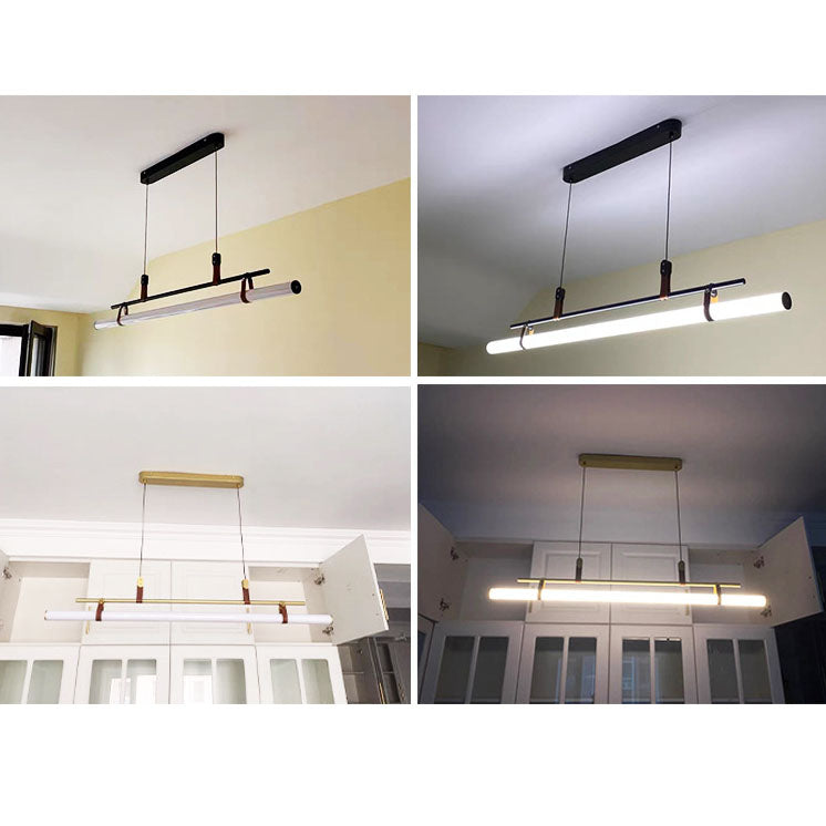 Moderner minimalistischer langer Streifen aus Eisen, Acryl und Kunstleder, LED-Insel-Leuchter für Wohnzimmer und Esszimmer 