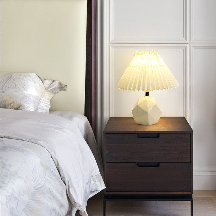 Contemporary Creative Pleated Fabric Shade Imitation Stone Base 1-Light Table Lamp For Bedroom