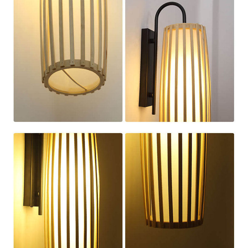 Traditional  Chinese Bamboo Iron Lantern Column 1-Light Wall Sconce Lamp for Living Room