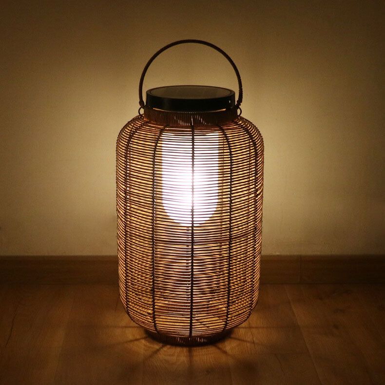 Traditionelle chinesische Solar-Gartenleuchte aus Eisen, Kunststoff und Rattan-Geflecht in runder Krugform mit LED, wasserdicht, für den Außenbereich 