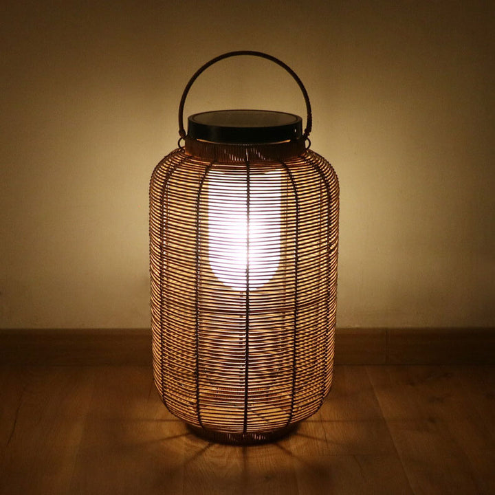 Traditionelle chinesische Solar-Gartenleuchte aus Eisen, Kunststoff und Rattan-Geflecht in runder Krugform mit LED, wasserdicht, für den Außenbereich 