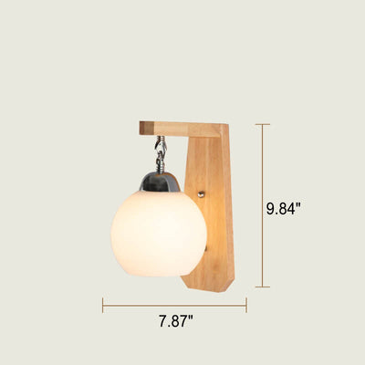 Japanische einfache Wandleuchte aus Glas mit rundem Schirm, Holzarm, 1 Licht 