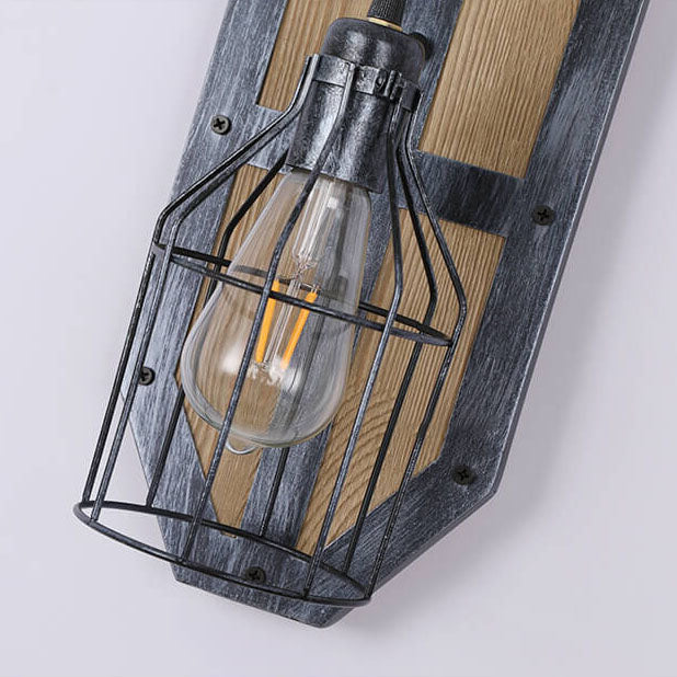 Vintage Industrial Wooden Roller Skating Iron Cone Cage 1-Light Wall Sconce Lamp