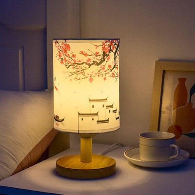 Moderne, minimalistische LED-Tischlampe aus Stoff, Säule, Landschaft, Holz 