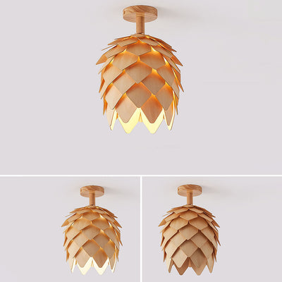 Nordic Wood Geometric Round 1-Light Semi-Flush Mount Ceiling Light