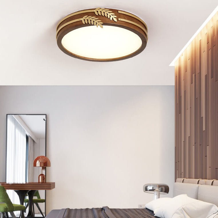 New Chinese Walnut Creative Golden Wheat Ear Decoration Design LED Flush Mount Light