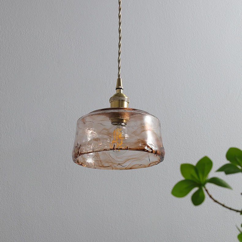 Traditional Vintage Amber Drum Round Glass Brass 1-Light Pendant Light For Living Room