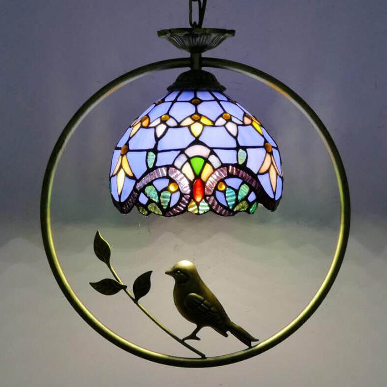 Tiffany Rustic Dome Stained Glass Ring Bird Design 1-Light Pendant Light