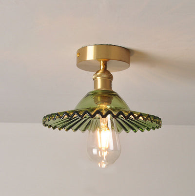 Japanese Vintage Glass Brass Lotus 1-Light Semi-Flush Mount Ceiling Light