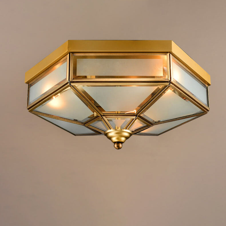 Traditional European Polygonal All Copper Glass 3/4 Light Flush Mount Ceiling Light For Living Room