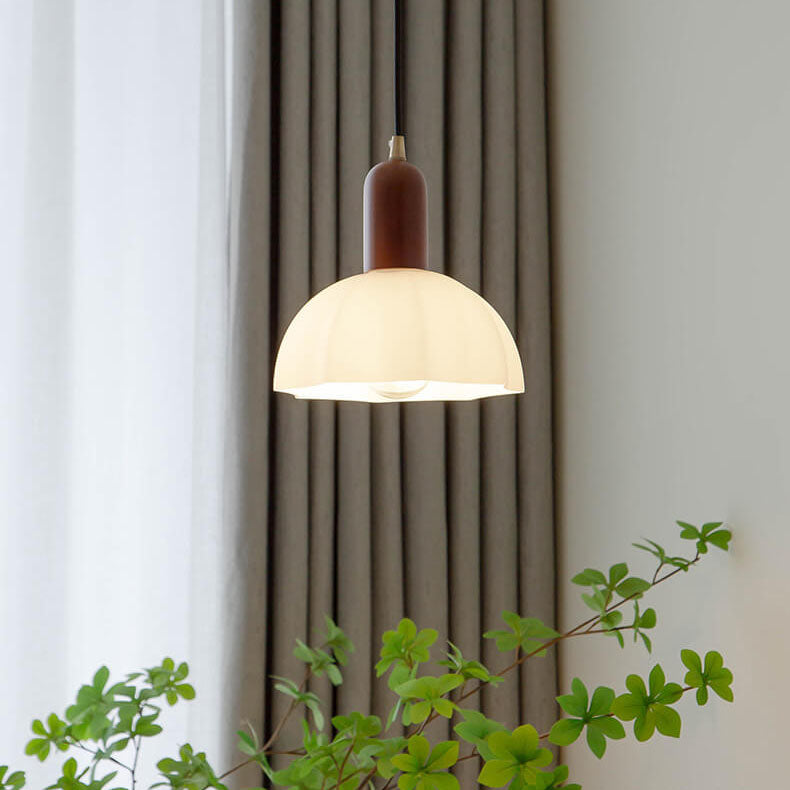 Modern Walnut Vintage Glass Shade 1-Light Pendant Light