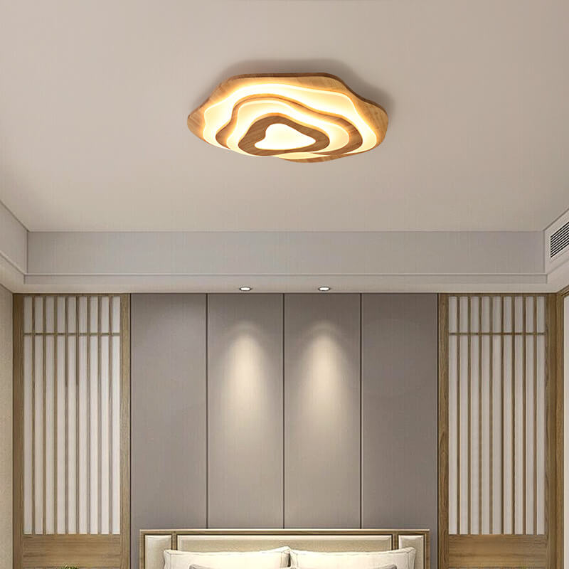 Modern Chinese Solid Wood Textured Round Geometric LED Flush Mount Cei ...