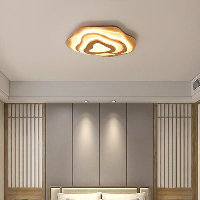 Modern Chinese Solid Wood Textured Round Geometric LED Flush Mount Ceiling Light