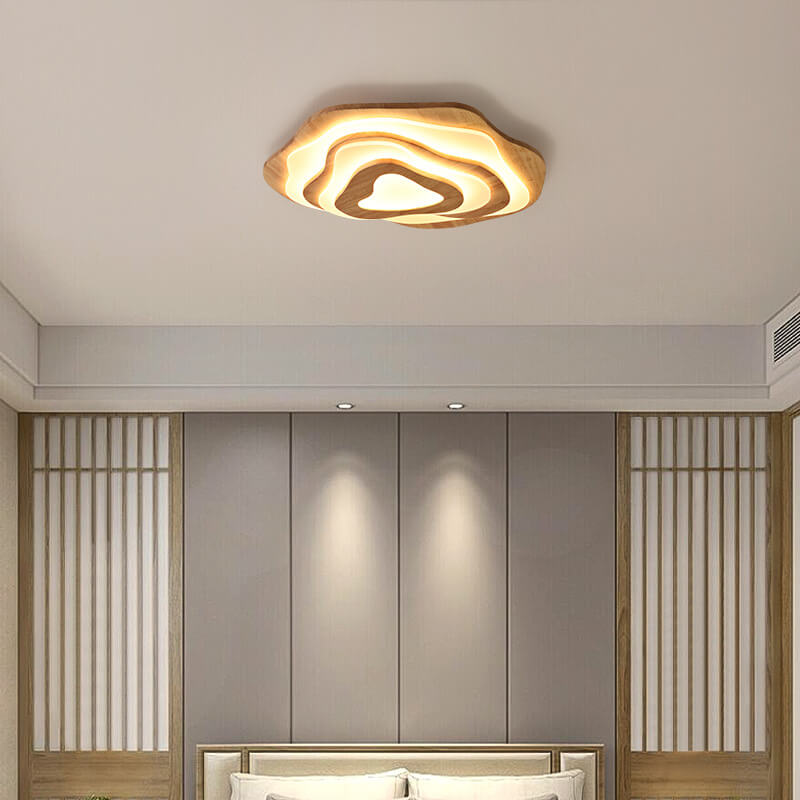 Modern Chinese Solid Wood Textured Round Geometric LED Flush Mount Ceiling Light
