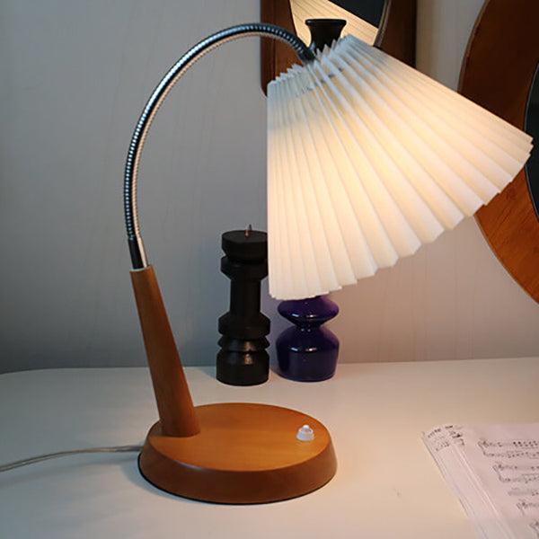 Lámpara de mesa de 1 luz con base de madera maciza plisada vintage francesa y brazo curvado 