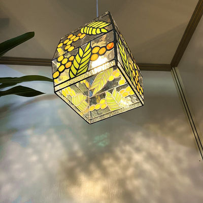 Japanese Vintage Rectangular Glass Iron 1-Light Pendant Light
