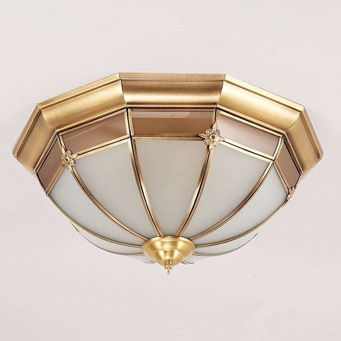 Traditional Chinese Copper Glass Round Flower Pattern 3/4/6 Light Flush Mount Ceiling Light for Living Room