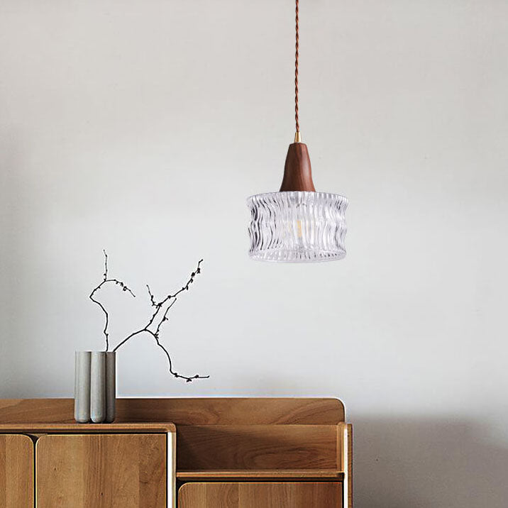 Nordic Vintage Glass Drum Jar Walnut Brass 1-Light Pendant Light