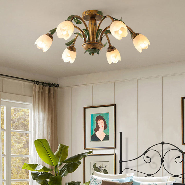 Lustre de plafond semi-encastré traditionnel rustique floral en fer et verre 6/8/10 lumières pour salon 